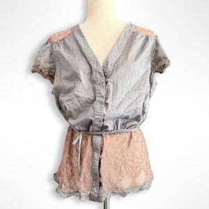Y2K Baby Phat Grey/Purple Lace Tie Waist Blouse, 2X-3X Boho Fairy Grunge Chic